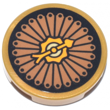 pearl gold tile round 2 x 2 with bottom stud holder with medium nougat and black clock face and bright light orange hand pattern sticker - set 76437