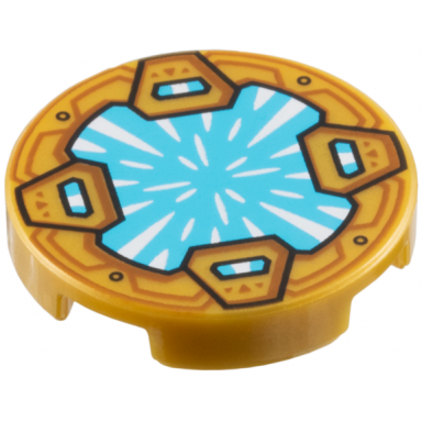 tile round 2 x 2 with bottom stud holder with medium azure crystal with white radiating reflections clasps with dark orange shapes pattern