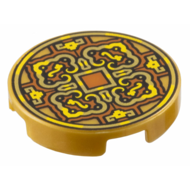 pearl gold tile round 2 x 2 with bottom stud holder with gold and yellow 4 petal flower design and square on dark orange background pattern coin