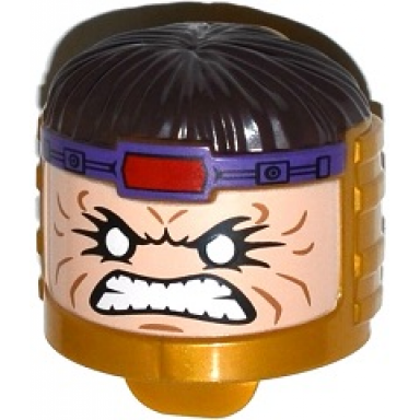 pearl gold minifigure head modified modok with dark brown hair and bared teeth pattern
