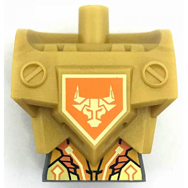 pearl gold torso modified oversized with armor with pin holes with orange and gold circuitry and gold bull head on orange pentagonal shield pattern