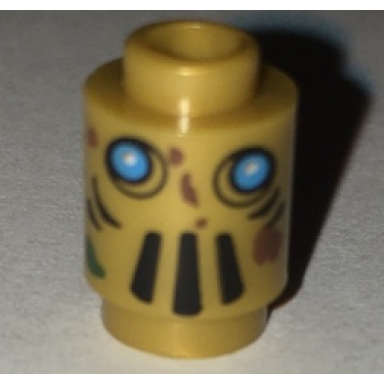 pearl gold brick round 1 x 1 with robot face with dark azure eyes black vents and reddish brown splotches pattern tai-d