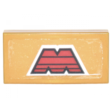 pearl gold tile 1 x 2 with red capital letter m with white border m:tron logo pattern sticker - set 70620