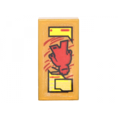 pearl gold tile 1 x 2 with trainer card with red falling minifigure and yellow text boxes pattern sticker - set 70620