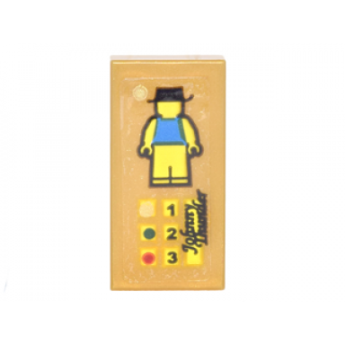 pearl gold tile 1 x 2 with card with yellow minifigure with blue shirt and black hat numbers and black script johnny thunder pattern sticker - set 70620