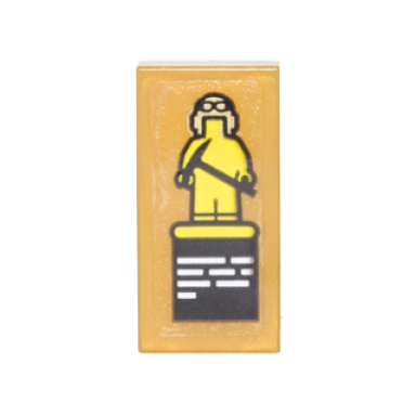 pearl gold tile 1 x 2 with card with yellow minifigure statue with helmet goggles axe and white text lines pattern sticker - set 70620