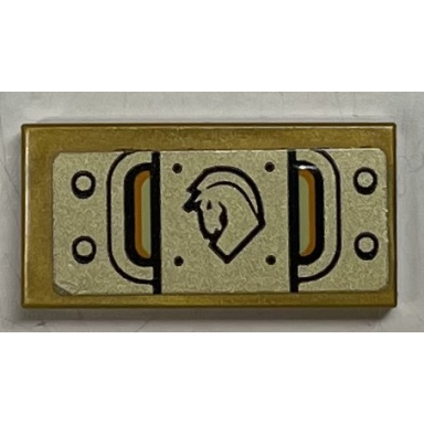 pearl gold tile 1 x 2 with gold armor plate horse head emblem and rivets pattern sticker - set 72001