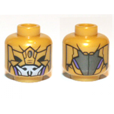 pearl gold minifigure head alien chitauri with armor panels black eye holes light bluish gray and dark purple mouth cover pattern