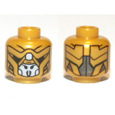 pearl gold minifigure head alien chitauri with armor panels black eye holes light bluish gray mouth cover pattern