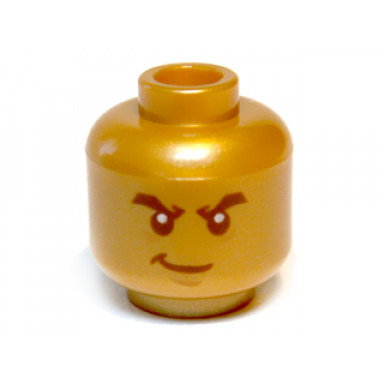 pearl gold minifigure head male black bushy eyebrows white pupils smirk pattern