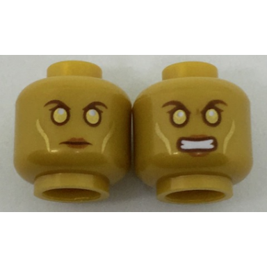 pearl gold minifigure head dual sided alien with gold eyes and cheek contours neutral angry pattern