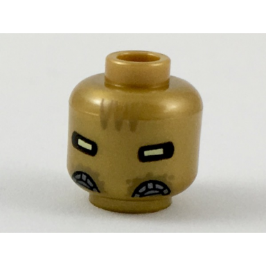 pearl gold minifigure head alien with white eyes dark tan markings on forehead and pearl dark gray breathing ports pattern