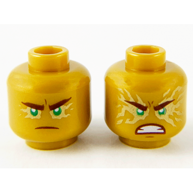 pearl gold minifigure head dual sided reddish brown eyebrows and mouth green eyes with gold energy effect frown fierce outburst pattern
