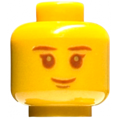 pearl gold minifigure head child reddish brown eyebrows and mouth pearl gold pupils grin pattern
