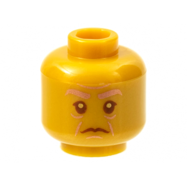 pearl gold minifigure head copper eyebrows and wrinkles reddish brown eyes and mouth pattern