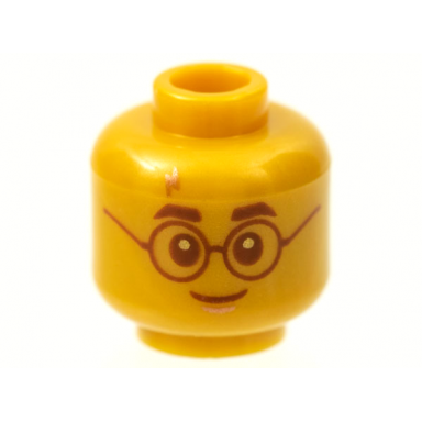 pearl gold minifigure head copper lightning scar reddish brown eyebrows eyes glasses and grin pattern