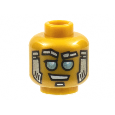 pearl gold minifigure head alien robot with silver eyebrows and soul patch gold sideburns and metallic light blue eyes pattern