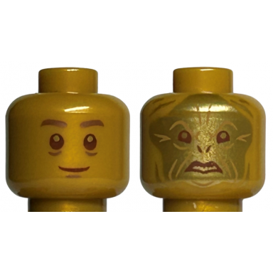 pearl gold minifigure head dual sided reddish brown eyes and mouth copper pupils and eyebrows quirrell gold face voldemort pattern