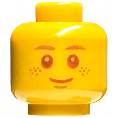 pearl gold minifigure head copper eyebrows freckles and chin dimple reddish brown eyes and grin pattern