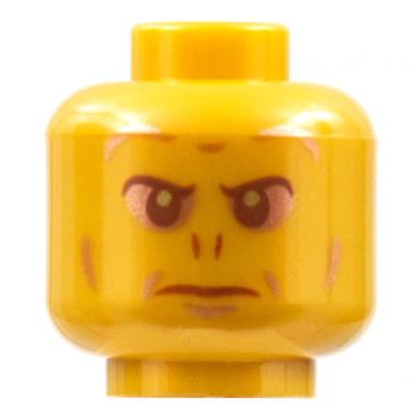 pearl gold minifigure head alien with reddish brown eyes copper eye shadow nose slits and frown pattern