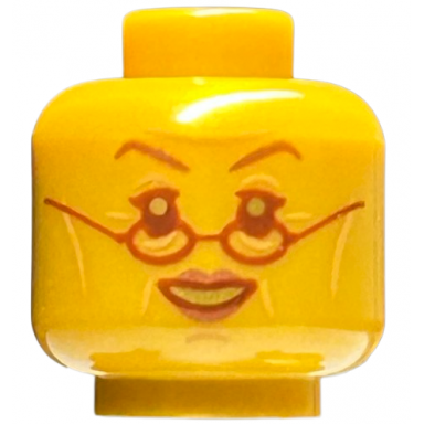 pearl gold minifigure head female copper eyebrows reddish brown eyes lips glasses open smile pattern