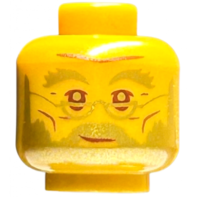 pearl gold minifigure head gold eyebrows beard and glasses reddish brown eyes and mouth grin pattern