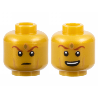 pearl gold minifigure head dual sided reddish brown eyebrows nougat cheek lines gold diamond on forehead scowl open mouth smile with top teeth pattern