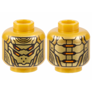pearl gold minifigure head alien robot with gold armor plates and 4 orange eyes pattern