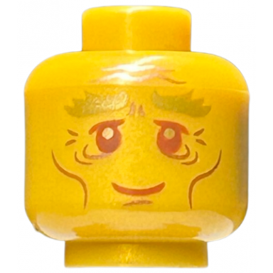 pearl gold minifigure head gold bushy eyebrows reddish brown eyes eyelids and mouth copper cheek lines chin dimple and wrinkles grin pattern