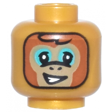 pearl gold minifigure head alien balaclava dark tan and dark orange monkey face dark turquoise eye shadow lopsided open mouth smile with teeth black outline pattern