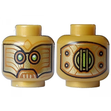 pearl gold minifigure head alien dark orange monocles lime eyes white glints black outline and gold panel with rivets on back pattern