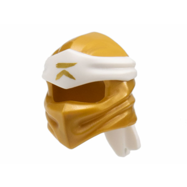 pearl gold minifigure headgear ninjago wrap type 4 with molded white headband and printed gold ninjago logogram letter r pattern