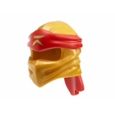 pearl gold minifigure headgear ninjago wrap type 4 with molded red headband and printed gold ninjago logogram letter r pattern