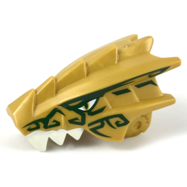 pearl gold dragon head ninjago jaw upper with white teeth gold eyes and dark green decorations pattern