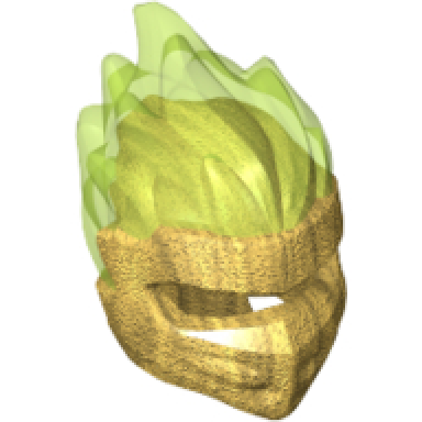 pearl gold minifigure headgear ninjago wrap type 5 with molded trans-bright green flames pattern