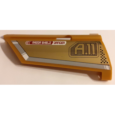 pearl gold technic panel fairing 21 large long small hole side b with razor shield danger and a.11 pattern sticker - set 7714