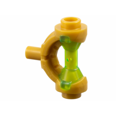 pearl gold minifigure weapon hilt with curved guard and bar with molded trans-bright green hourglass handle pattern