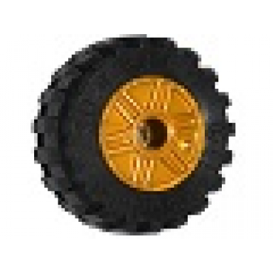 pearl gold wheel 18mm d x 14mm with pin hole fake bolts and shallow spokes with black tire 30.4 x 14 offset tread - band around center of tread 55981 92402