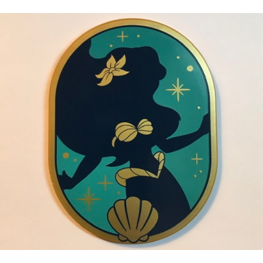 pearl gold tile round 6 x 8 oval with dark blue ariel silhouette with flower and shell bra gold dots and sparkles on dark turquoise background pattern