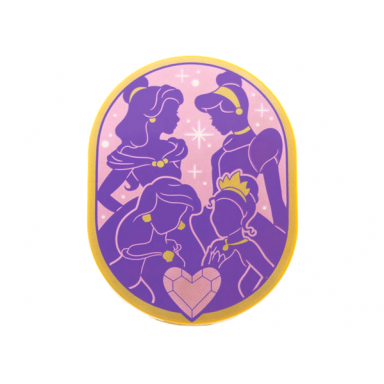 pearl gold tile round 6 x 8 oval with dark purple belle cinderella ariel and tiana with gold trim on metallic pink background heart jewel pattern