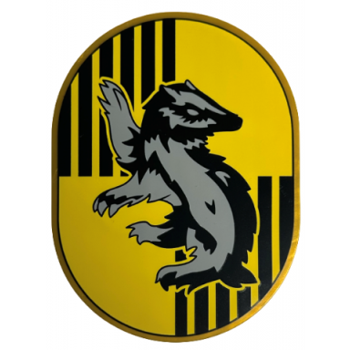 pearl gold tile round 6 x 8 oval with hufflepuff crest with badger and black stripes on yellow background pattern