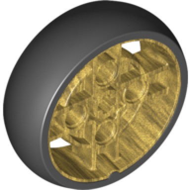 pearl gold wheel 43 x 14 technic with axle hole and 4 pin holes with molded black hard rubber tire pattern