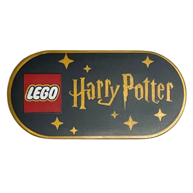 pearl gold tile round 2 x 4 oval with lego logo harry potter and stars on black background pattern