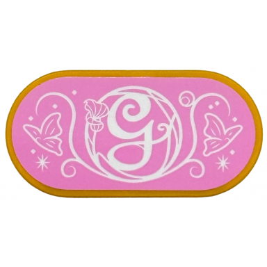 pearl gold tile round 2 x 4 oval with white script capital letter g butterflies filigree and sparkles on bright pink background pattern sticker - set 75682