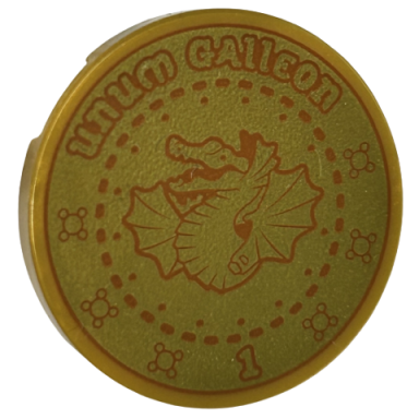 pearl gold tile round 3 x 3 with dark orange dragon unum galleon number 1 and dashed circles pattern