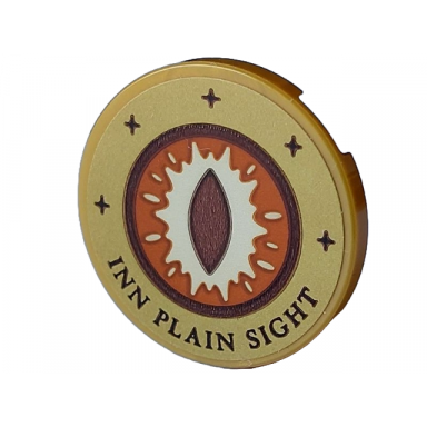 pearl gold tile round 3 x 3 with sign with reddish brown white and dark orange eye with slit pupil dark brown sparkles and inn plain sight pattern sticker - set 21348