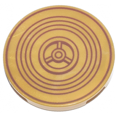 pearl gold tile round 3 x 3 with reddish brown concentric circles and gear pattern