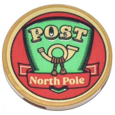 pearl gold tile round 3 x 3 with sign with bright green shield red banner gold mail horn post and north pole pattern sticker - set 10339