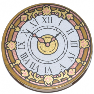 pearl gold tile round 3 x 3 with white clock face copper and gold hands border and filigree and black roman numerals pattern