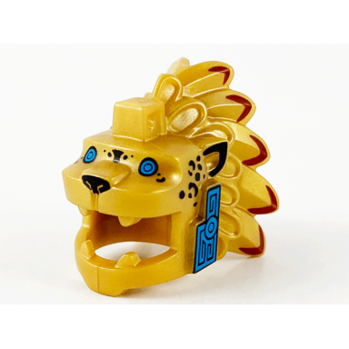 pearl gold minifigure headgear head cover costume aztec jaguar warrior with dark azure eyes and cheeks pattern